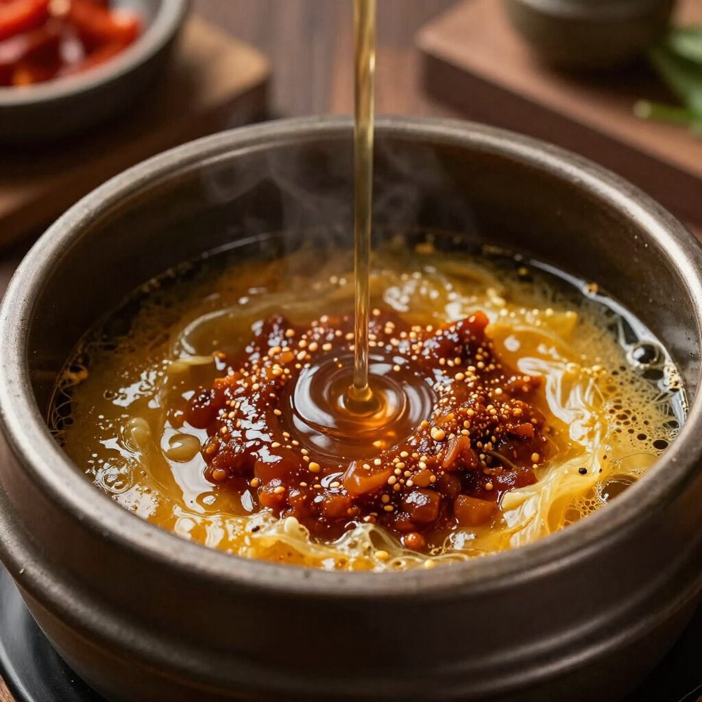 뚝배기에서 참기름과 된장을 볶는 모습