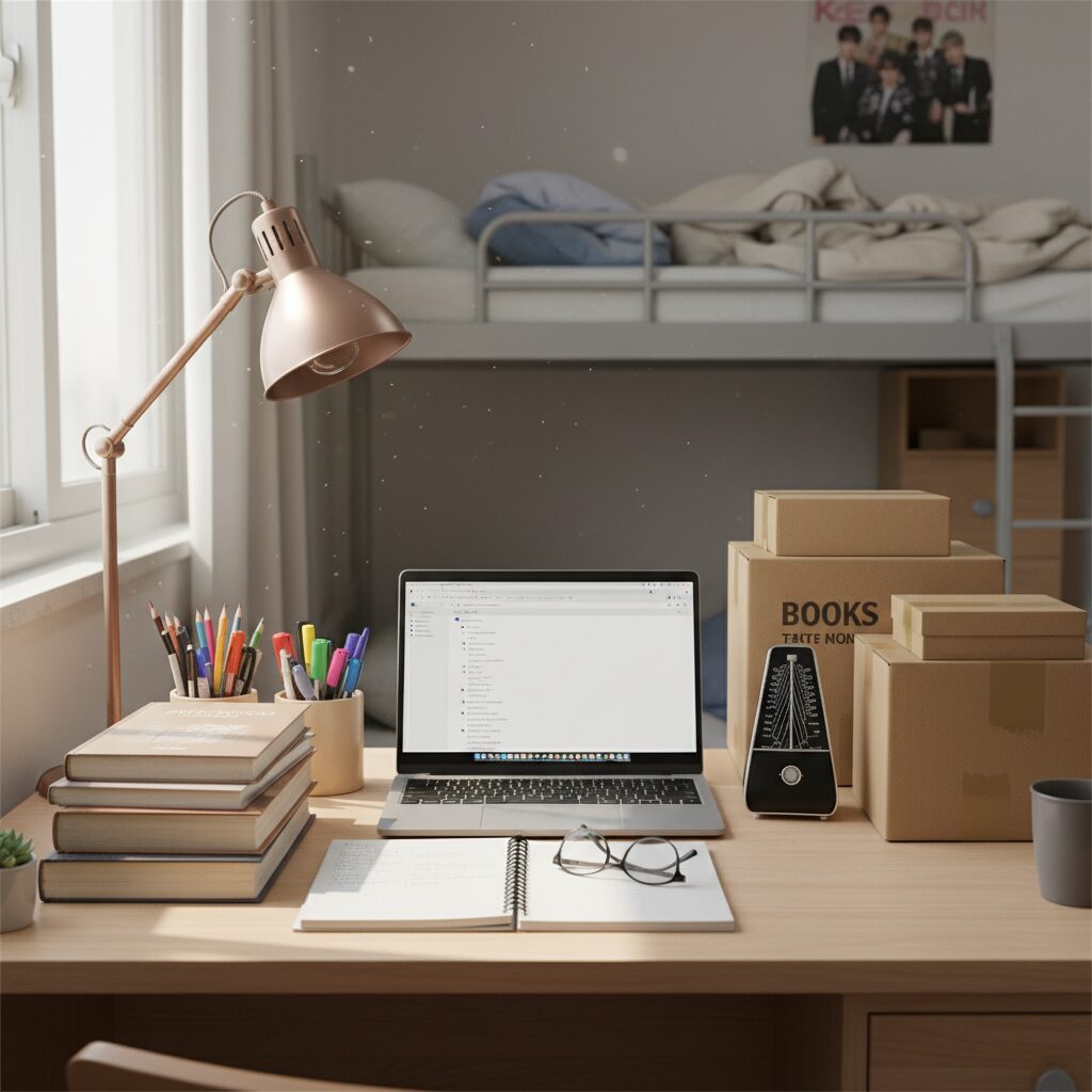 기숙사 방 책상 위에 정리된 노트북 책 필기구와 옆에 쌓아둔 박자