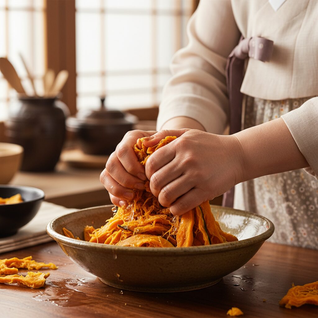 불린 호박고지 물기를 짜는 모습