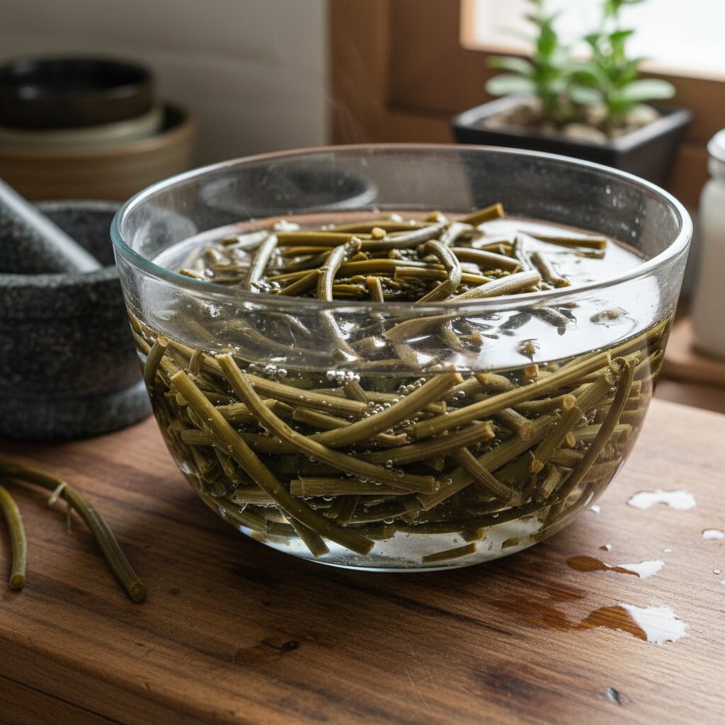 말린 고사리와 토란대가 물에 불려져 있는 사진