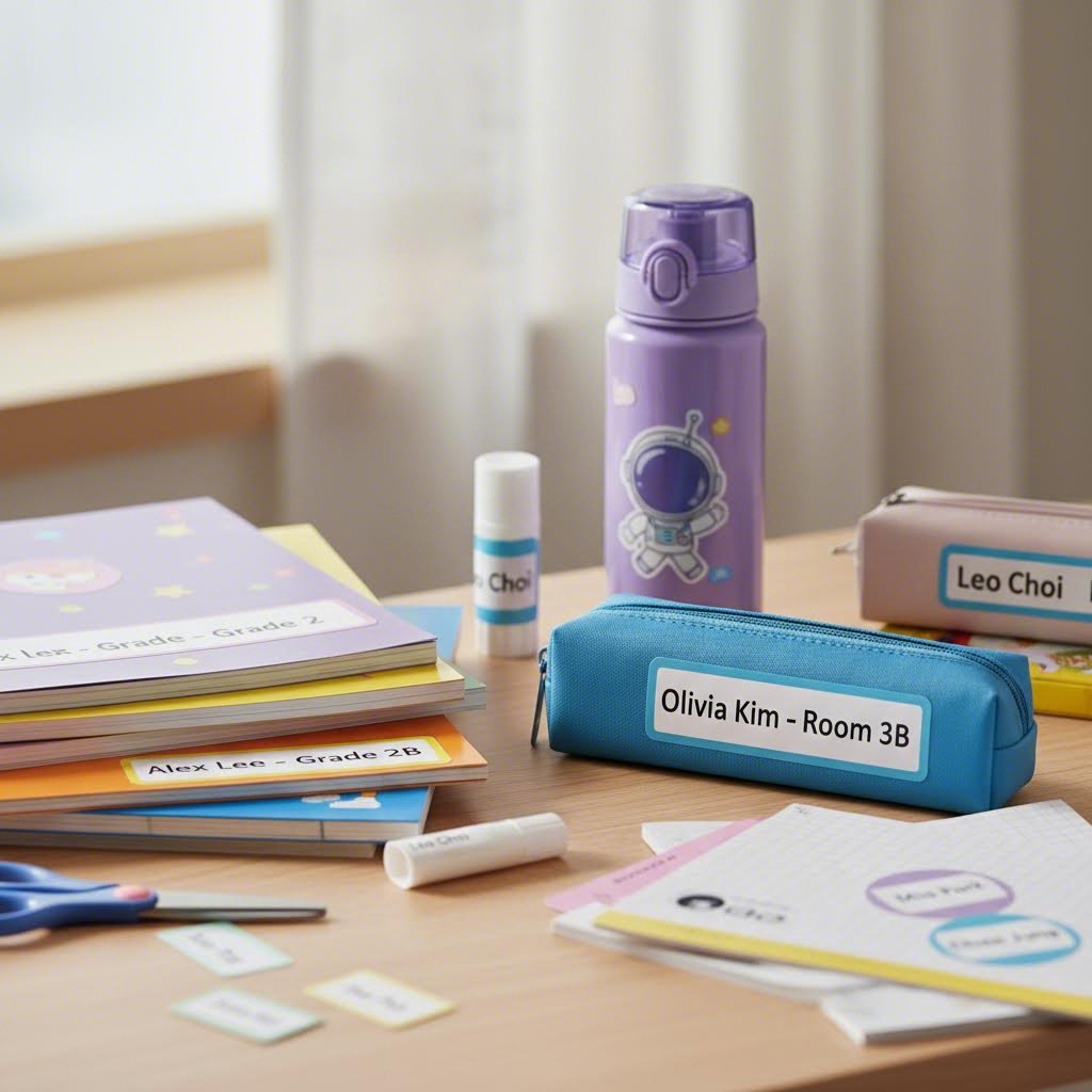 초등학교 학용품에 붙여진 네임스티커 예시