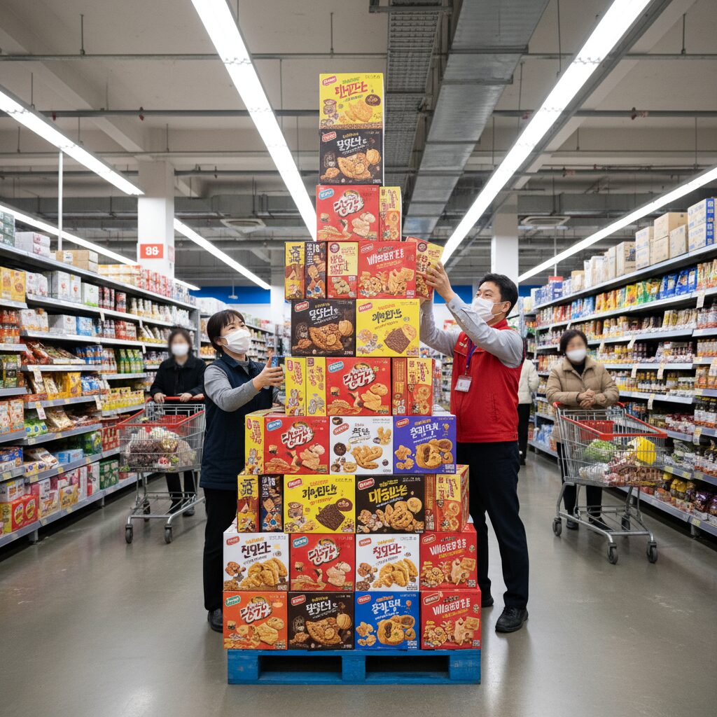 이마트에서 성공적으로 가득 채워 쌓아올린 과자 박스 여러 개