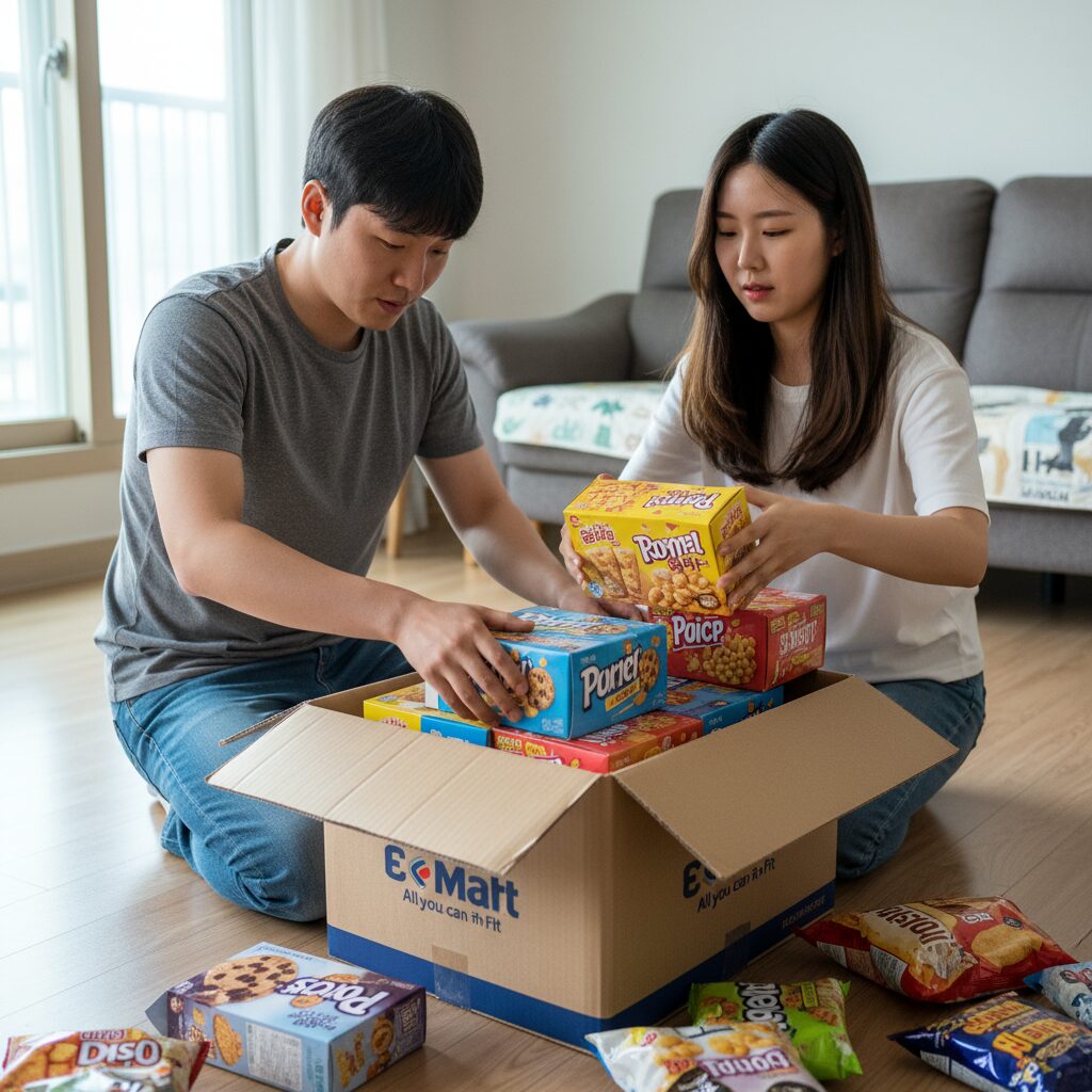 이마트 과자 무한담기 박스 바닥에 네모난 과자 박스를 깔아 정리하는 모습