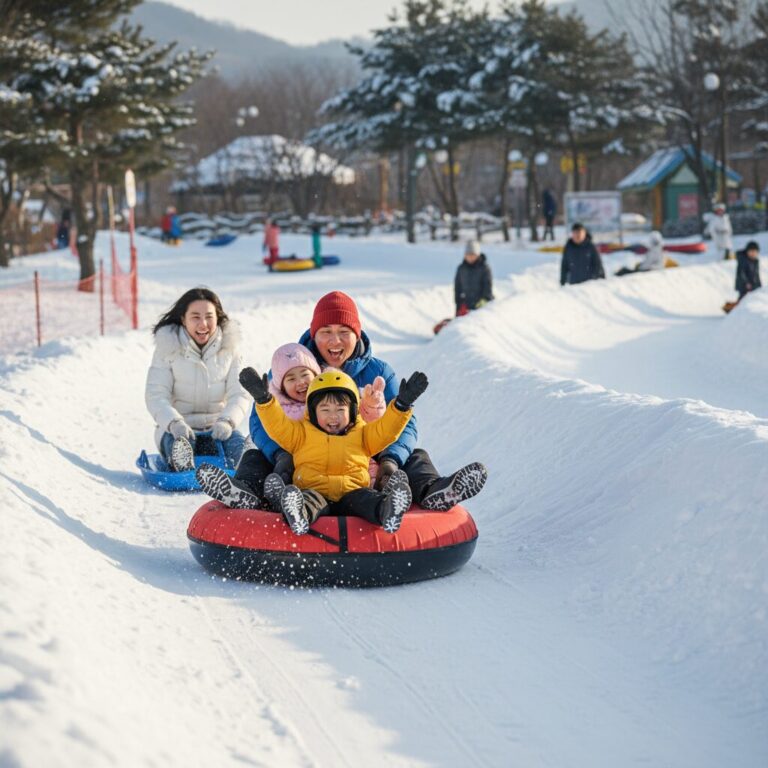 에버랜드 눈썰매장에서 가족이 함께 썰매를 타고 내려오는 모습