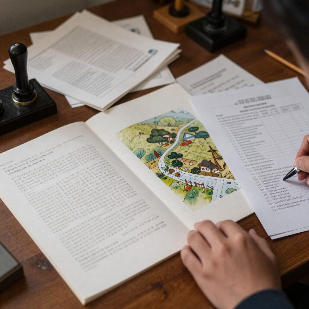 농지 증여 등기를 위해 책상 위에 놓인 각종 서류와 도장들