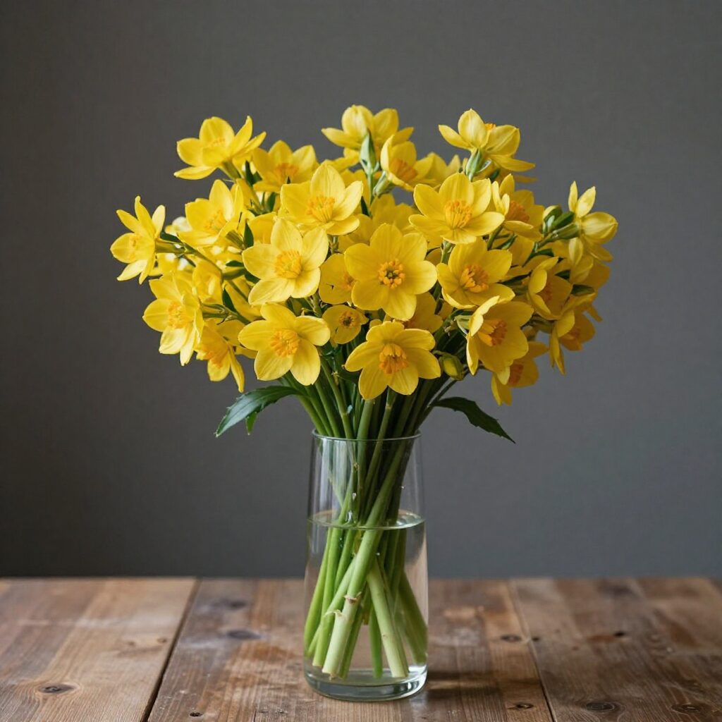 유리 화병에 담긴 노란 프리지아 꽃다발