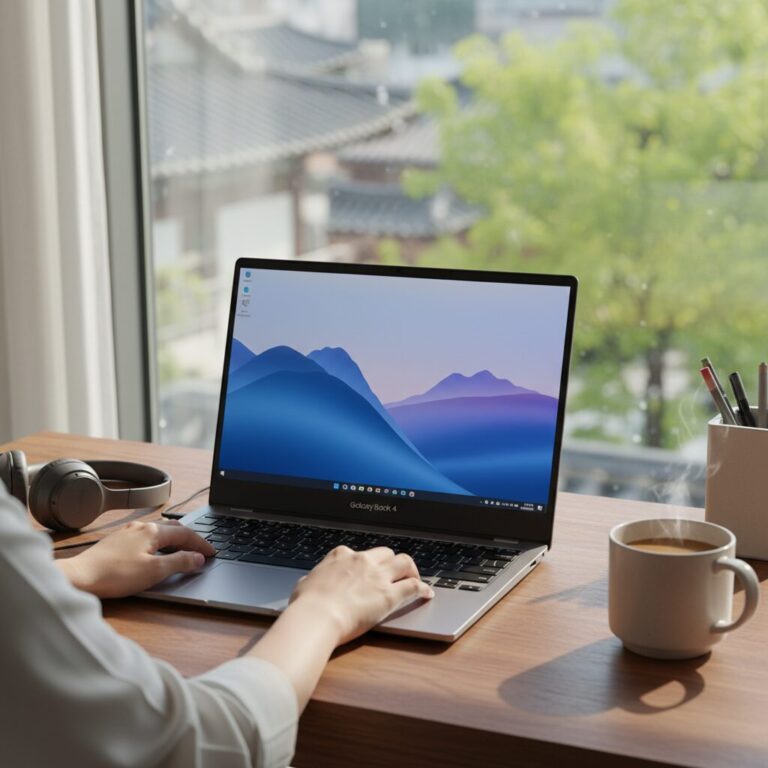 삼성 갤럭시북4 프로 노트북 책상 위에 놓여 있는 모습