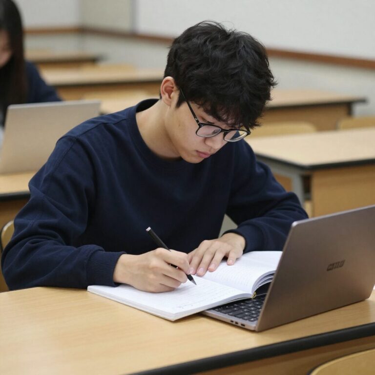 삼성 갤럭시북4를 책상 위에 펼쳐놓고 대학생이 강의 노트를 정리하고 있는 모습