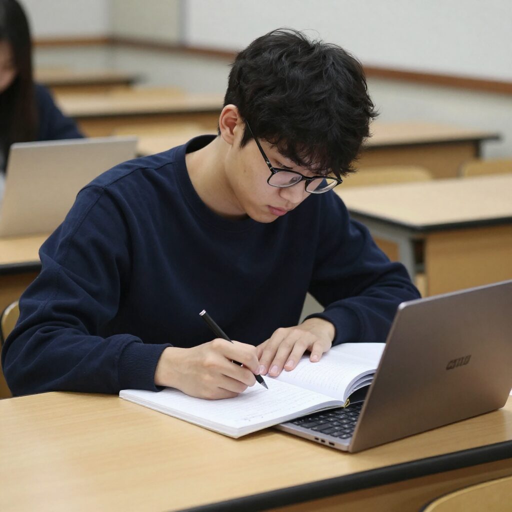 삼성 갤럭시북4를 책상 위에 펼쳐놓고 대학생이 강의 노트를 정리하고 있는 모습