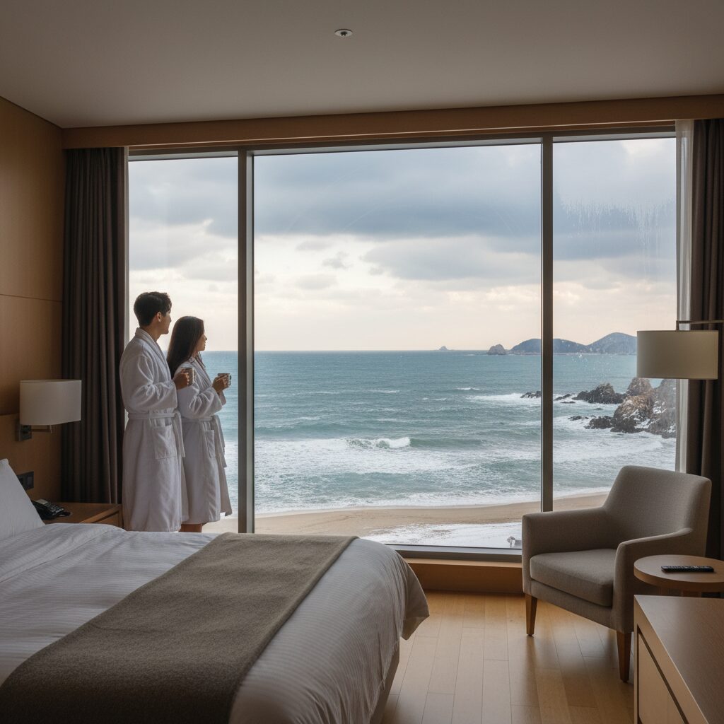 강릉 호텔 오션뷰 객실 내부에서 바라본 겨울 바다 풍경