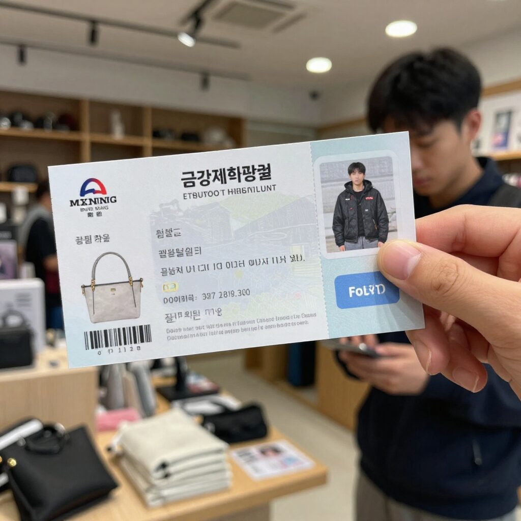 금강제화 상품권을 손에 들고 있는 모습과 교환 가능한 다양한 패션 아이템들