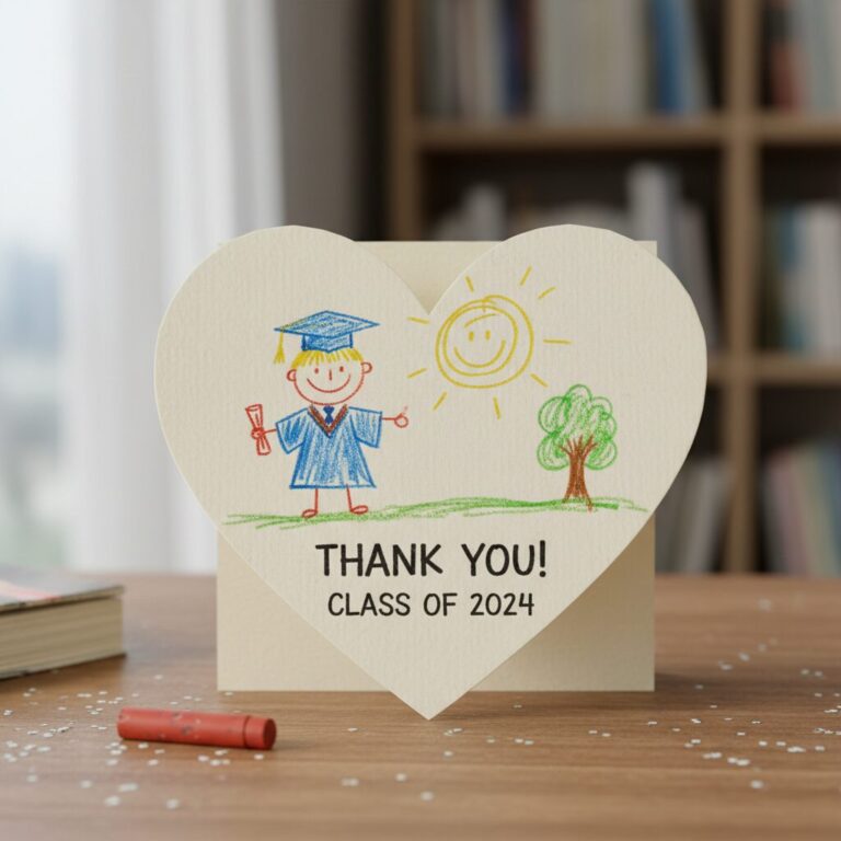 아이가 그린 그림이 붙여진 하트 모양의 졸업 감사 카드