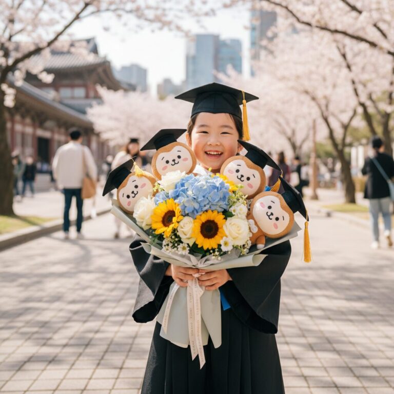 졸업식을 맞이한 아이가 학사모를 쓴 춘식이 인형 꽃다발을 들고 미소 짓고 있는 모습