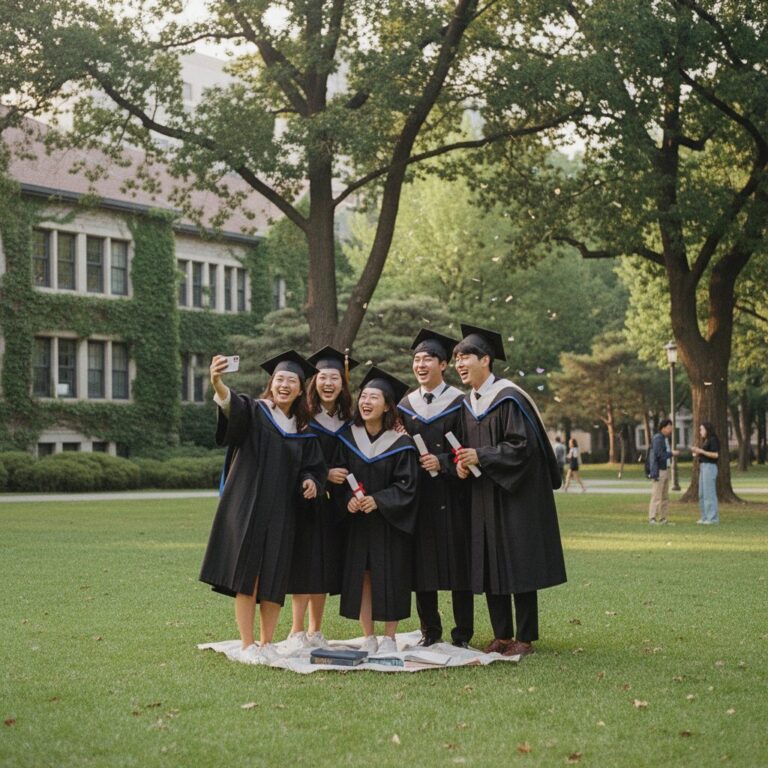 캠퍼스 잔디밭에서 친구들과 웃으며 찍는 졸업 스냅 사진