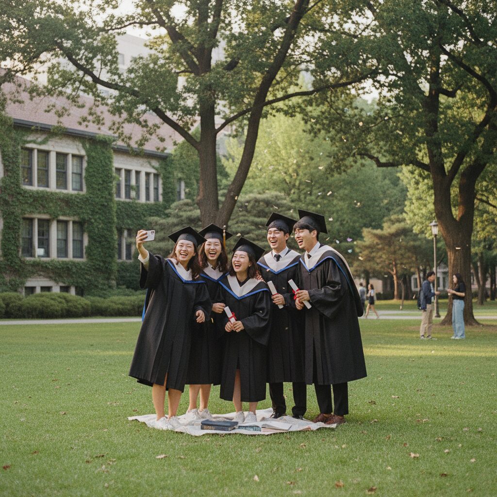 캠퍼스 잔디밭에서 친구들과 웃으며 찍는 졸업 스냅 사진