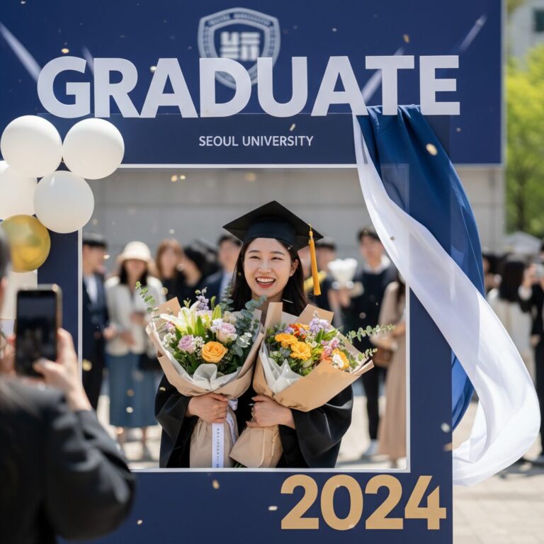 대학교 졸업식에서 졸업생이 포토존에서 꽃다발을 들고 기념사진을 찍는 모습