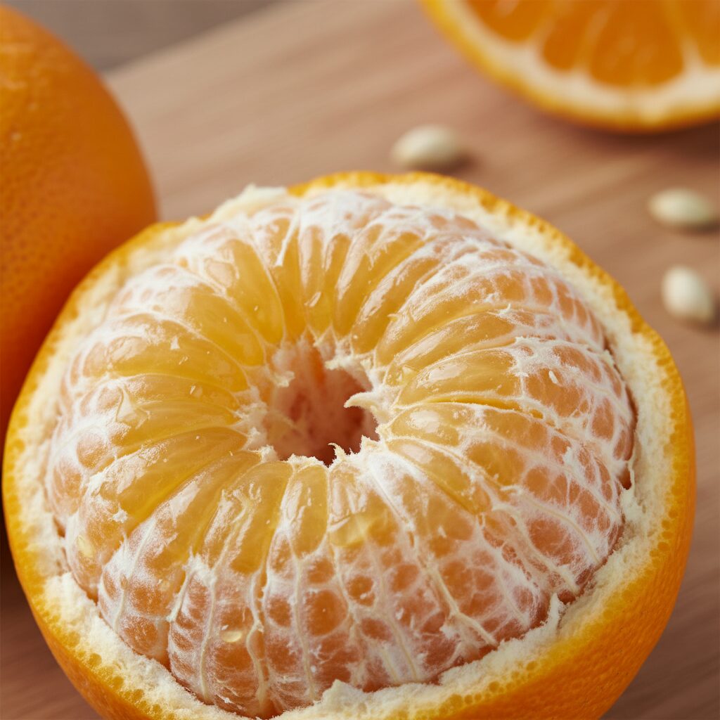 비타민C가 풍부한 한라봉 과육과 껍질의 하얀 섬유질 클로즈업 사진