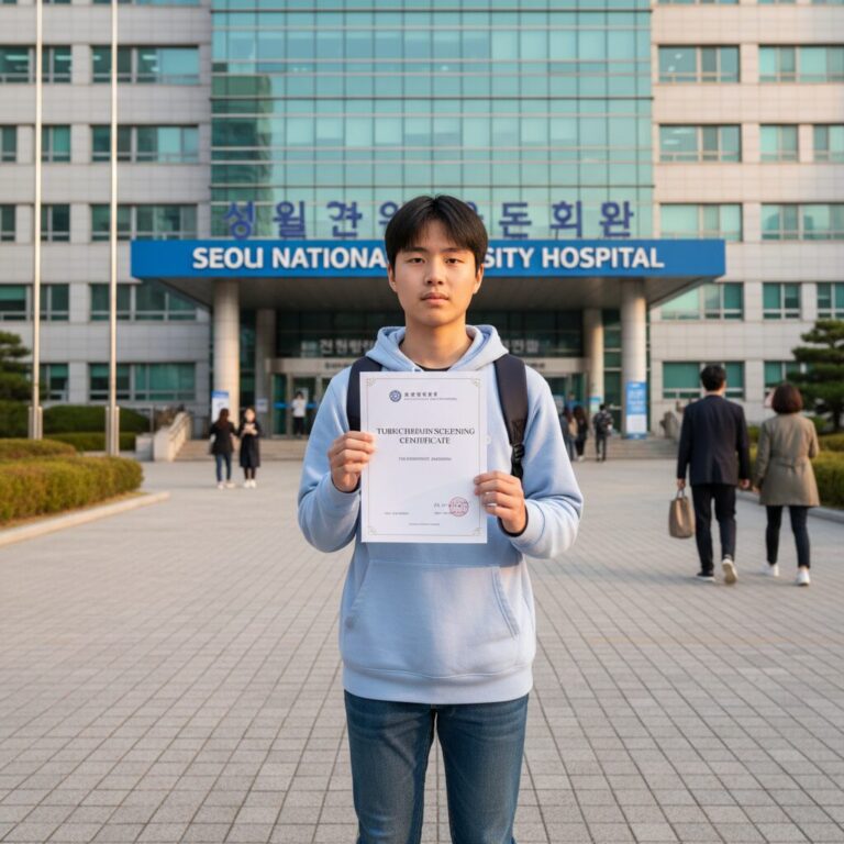 기숙사 입소를 위한 결핵 검사 확인서와 청소년이 병원에 방문하는 모습