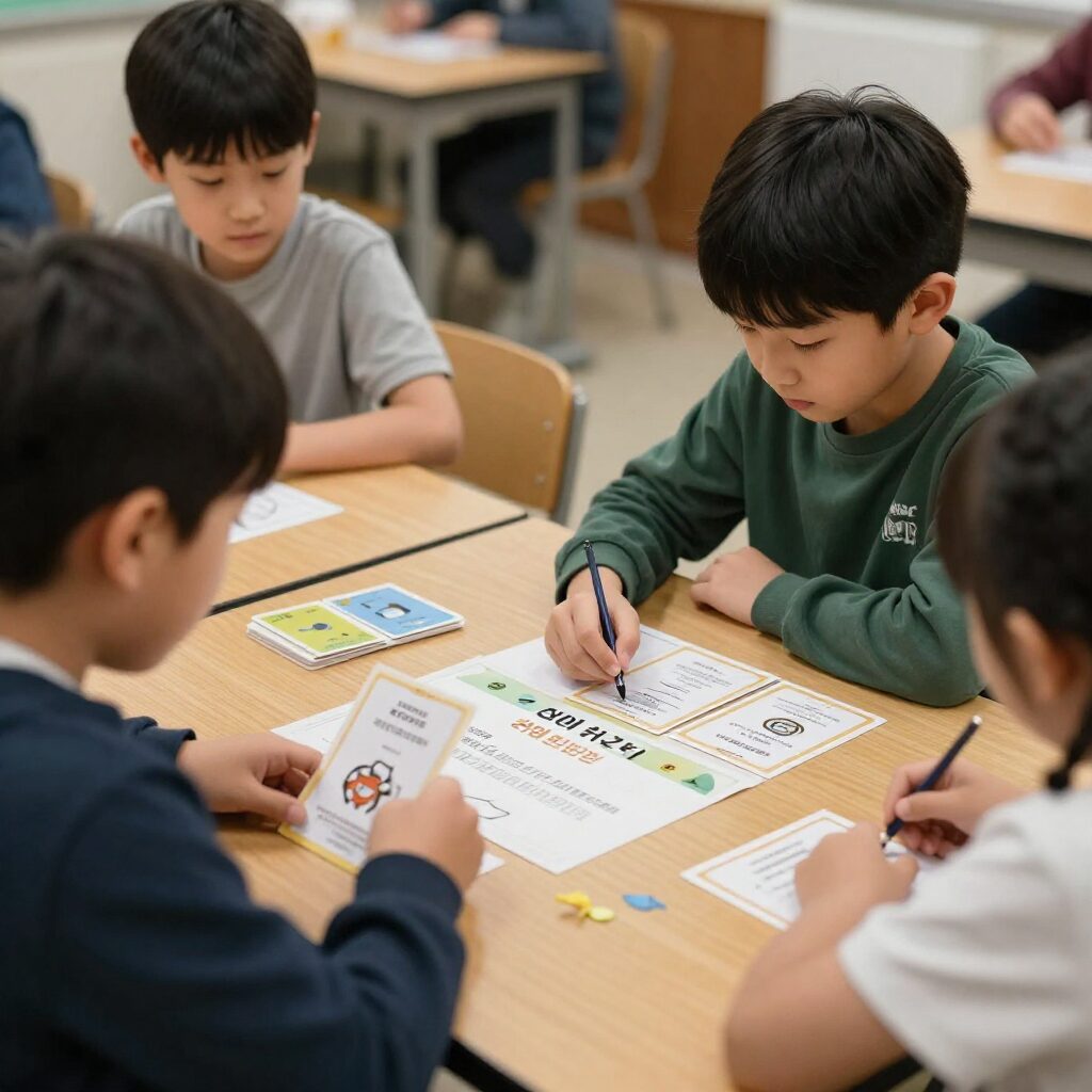 초등학생 아이와 함께 역사 퀴즈 카드 게임을 하고 있는 모습