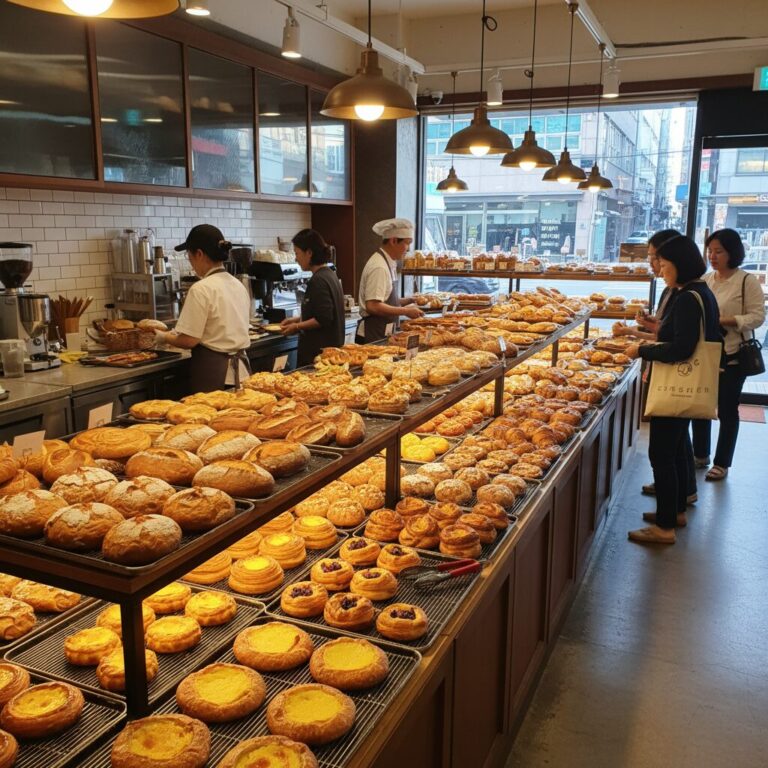 이흥용과자점 두실점 1층 베이커리 매대에 진열된 다양한 빵들