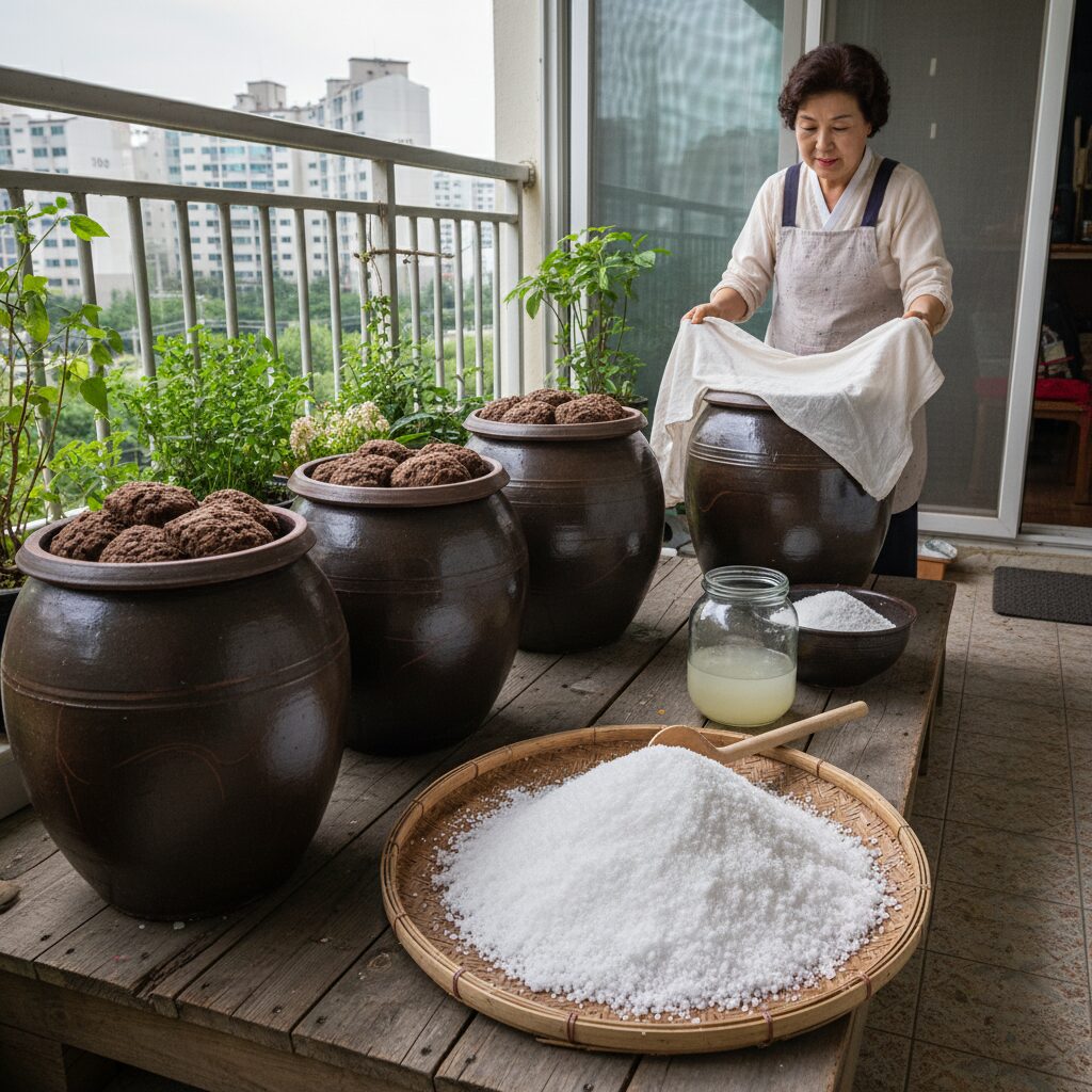 아파트 베란다 장 담그기 준비물인 메주 항아리 소금