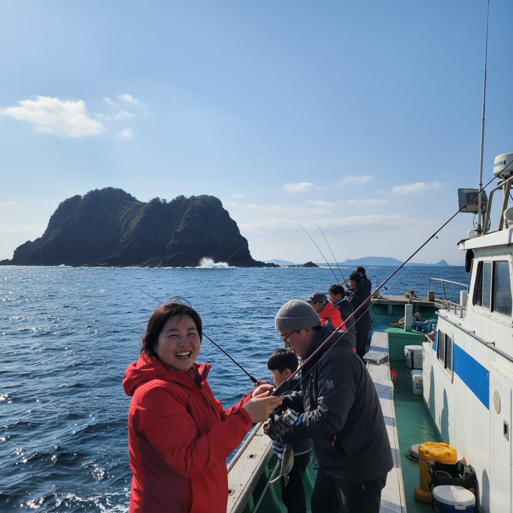 제주도 차귀도 앞바다에서 즐기는 3월 배낚시 풍경 봄날 맑은 하늘 아래 파란 바다와 배