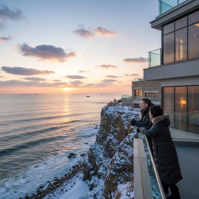 정동진 절벽 위 호텔에서 바라본 겨울 바다와 일출 풍경