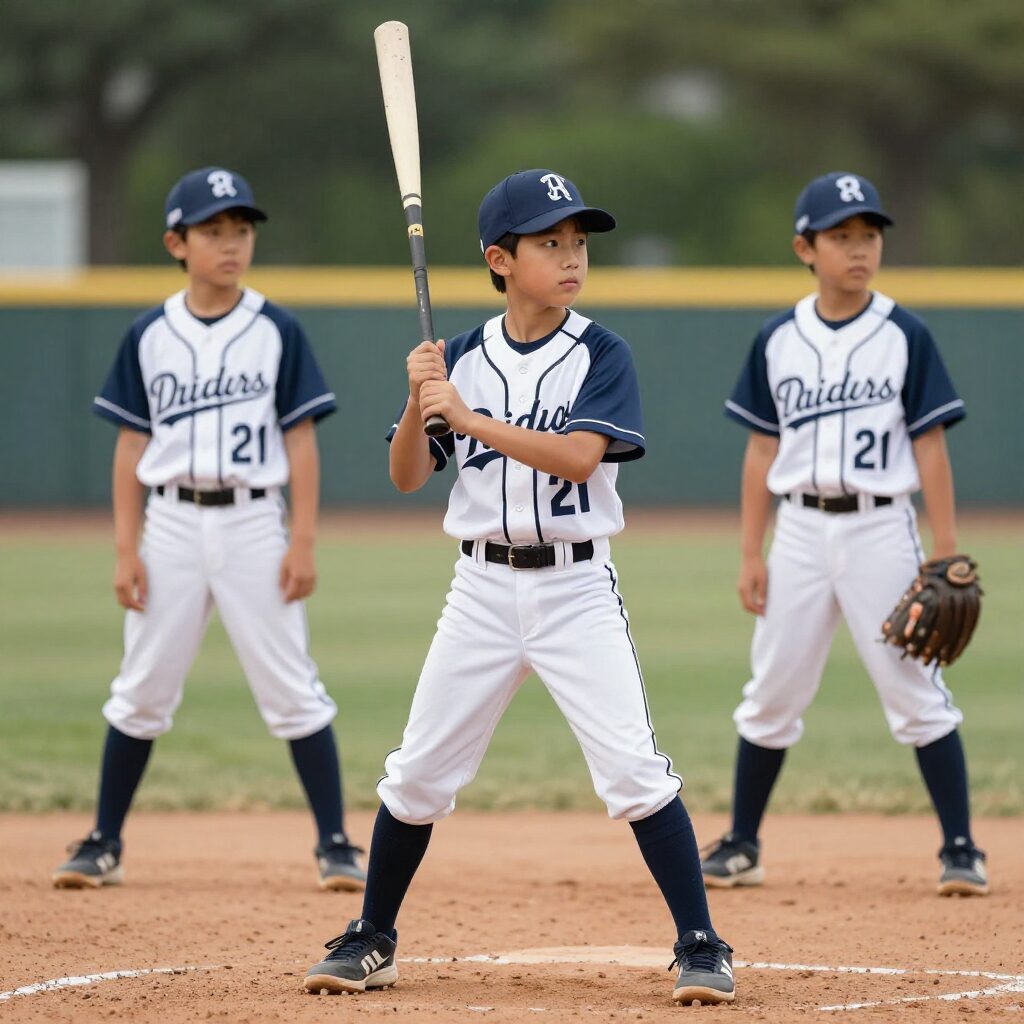 아이들이 야구점퍼를 입고 청바지와 함께 캐주얼하게 포즈를 취한 모습