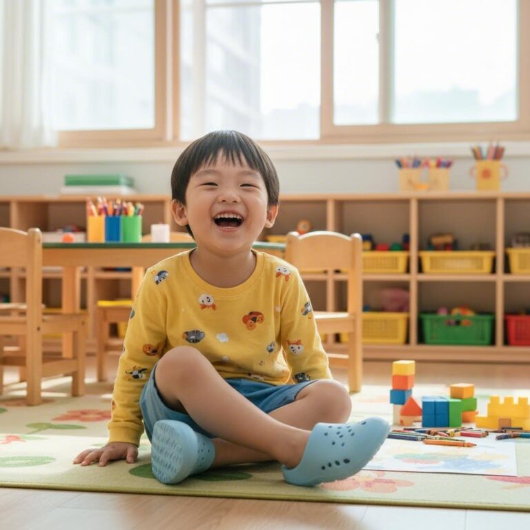 가벼운 EVA 소재 유치원 실내화를 신고 웃는 어린이