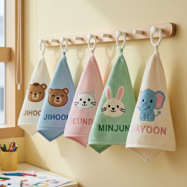 벽에 걸린 여러 개의 유치원 고리 수건 아이 이름이 자수로 새겨져 있음