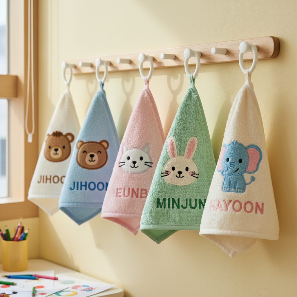 벽에 걸린 여러 개의 유치원 고리 수건 아이 이름이 자수로 새겨져 있음