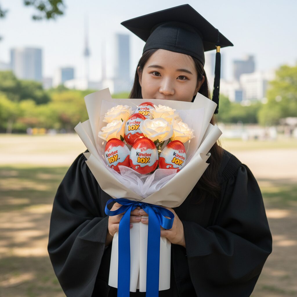 킨더조이와 LED 장미로 만든 수료식 꽃다발