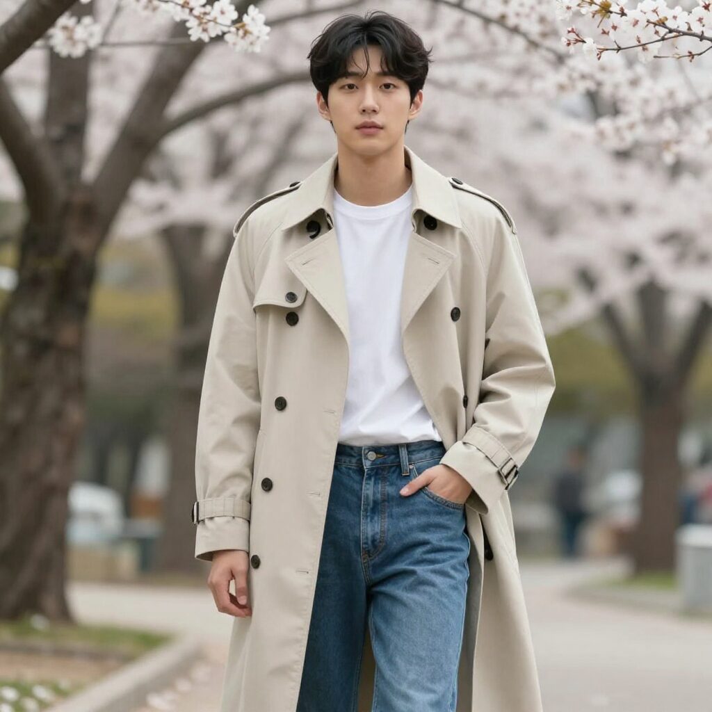 라이트 베이지색 KL 트렌치코트를 청바지와 흰티에 매치한 봄 스타일링