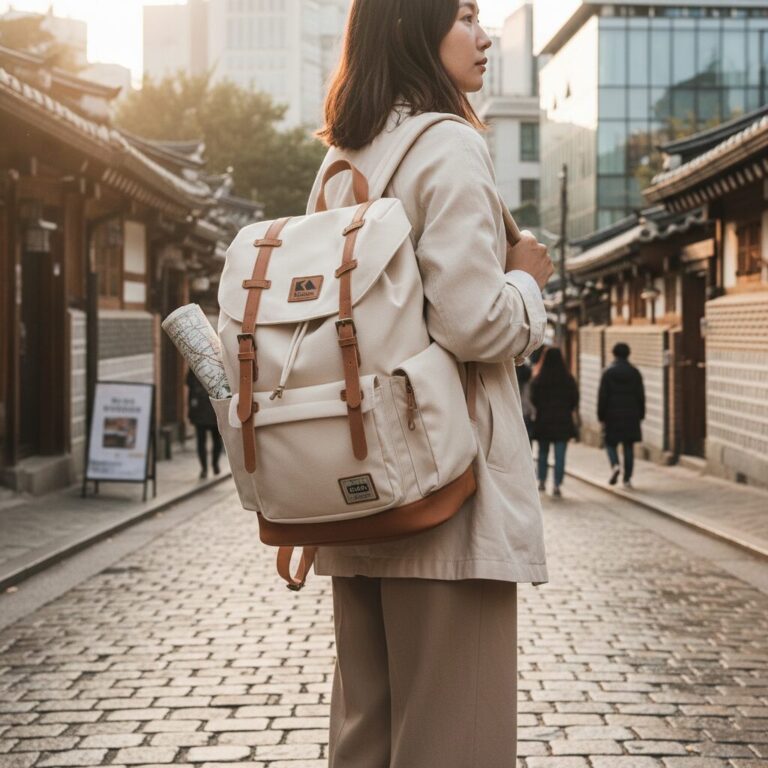 코닥 파운디 프레임 백팩 아이보리 색상의 전면과 측면 모습