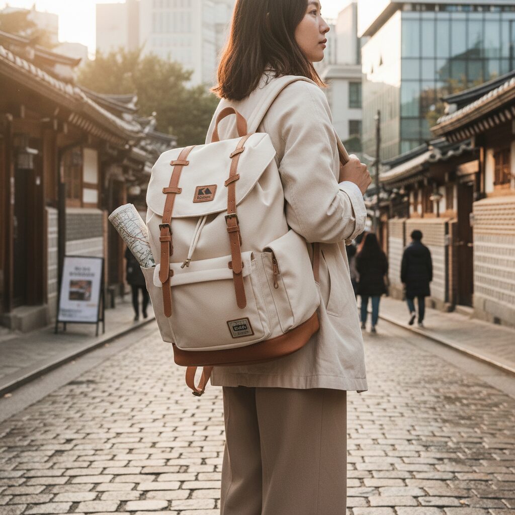 코닥 파운디 프레임 백팩 아이보리 색상의 전면과 측면 모습