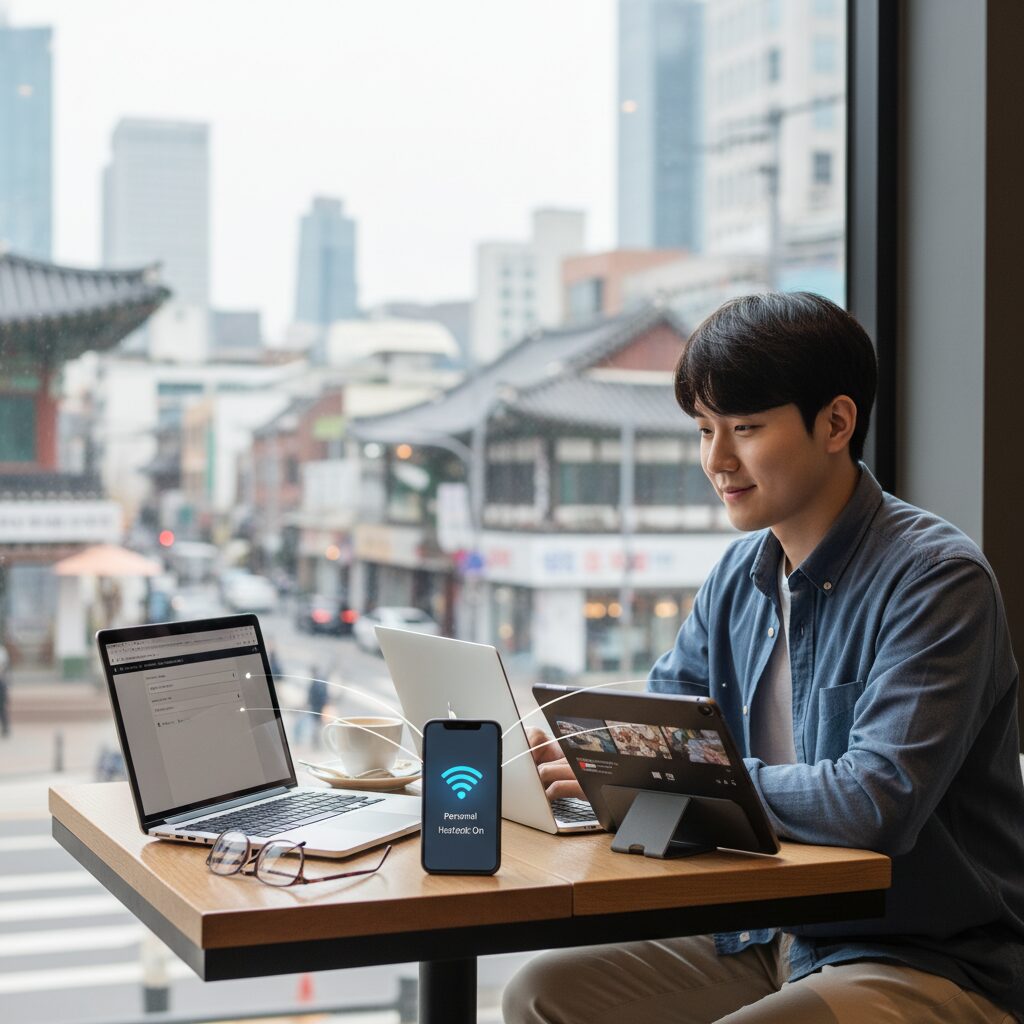 스마트폰에서 핫스팟이 켜져 있고 주변에 노트북과 태블릿이 연결되어 있는 모습