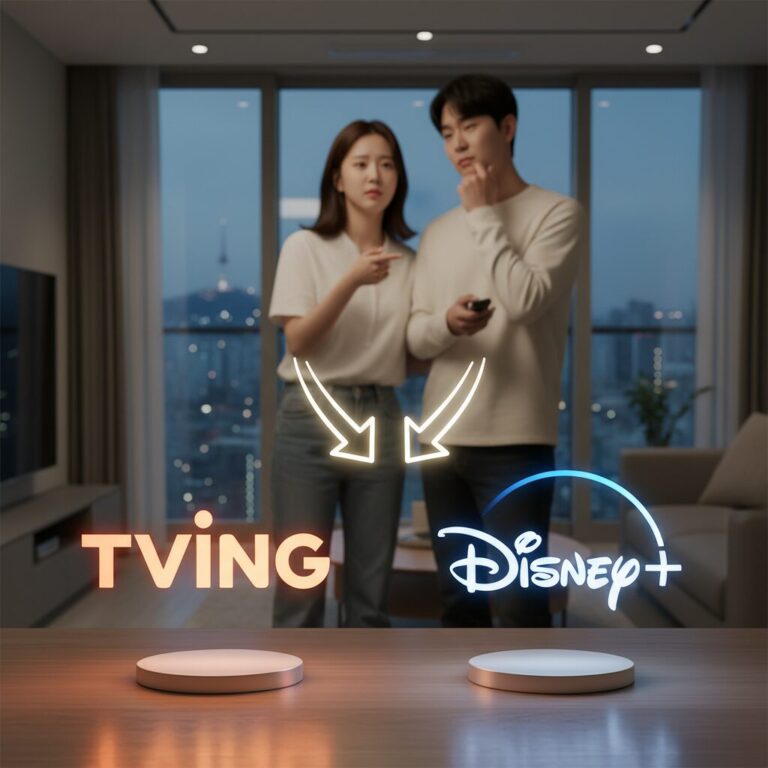 티빙과 디즈니플러스 로고가 나란히 놓여 있고 하나를 선택해야 함을 강조하는 이미지