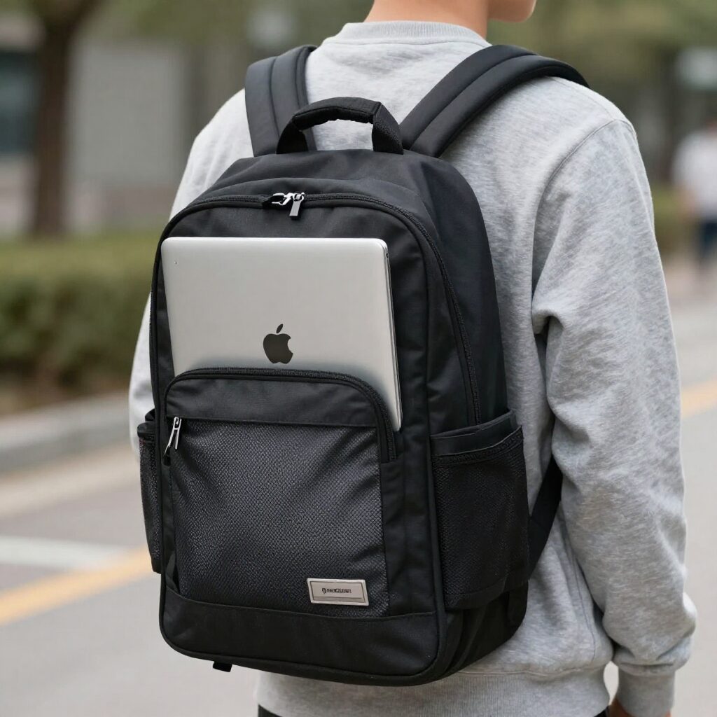 가벼운 노트북을 가방에 넣고 이동하는 학생