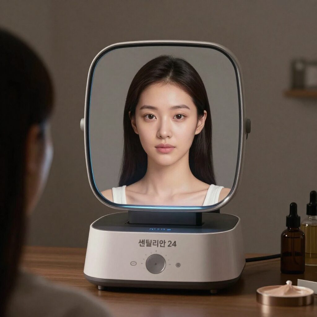 센텔리안24 마데카 프라임 뷰티디바이스가 화장대 위에 놓여 있는 모습