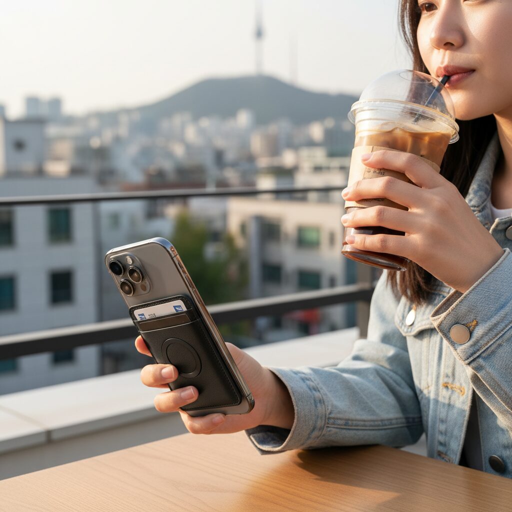 맥세이프 카드지갑이 아이폰에 부착된 모습, 학생증과 카드가 수납되어 있음