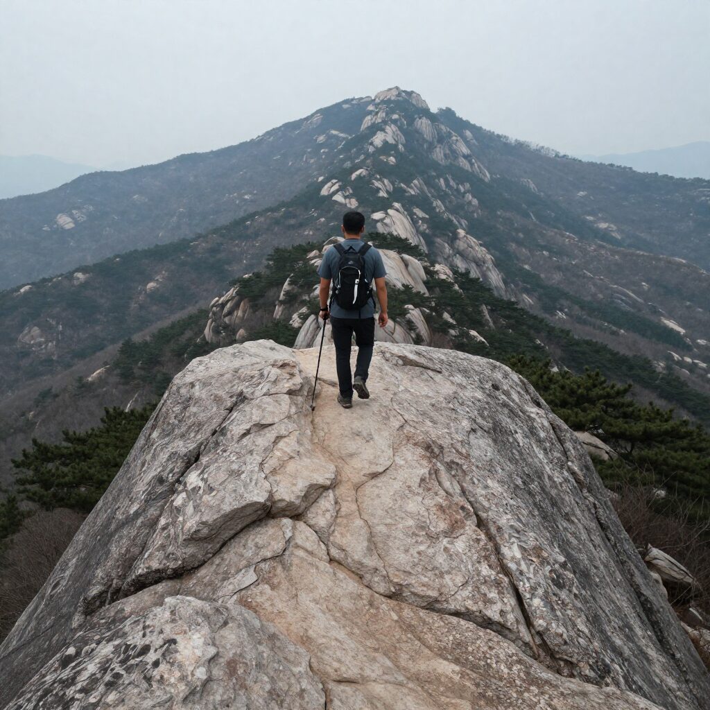 바위 능선을 따라 오르는 등산객의 뒷모습과 탁 트인 산경치