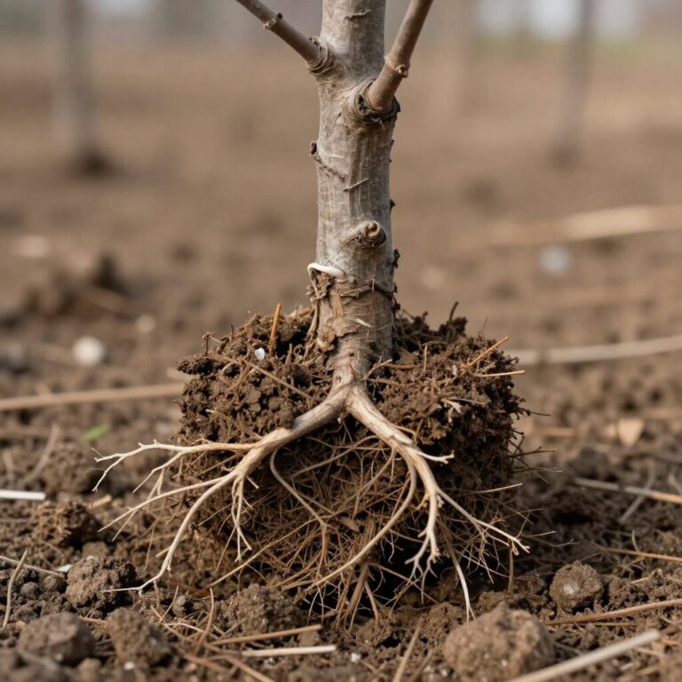 땅에 심겨진 건강한 엄나무 묘목의 뿌리와 줄기 상태 클로즈업