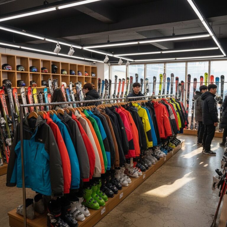 무주스키장 렌탈샵 내부의 깔끔하게 정리된 스키의류와 장비