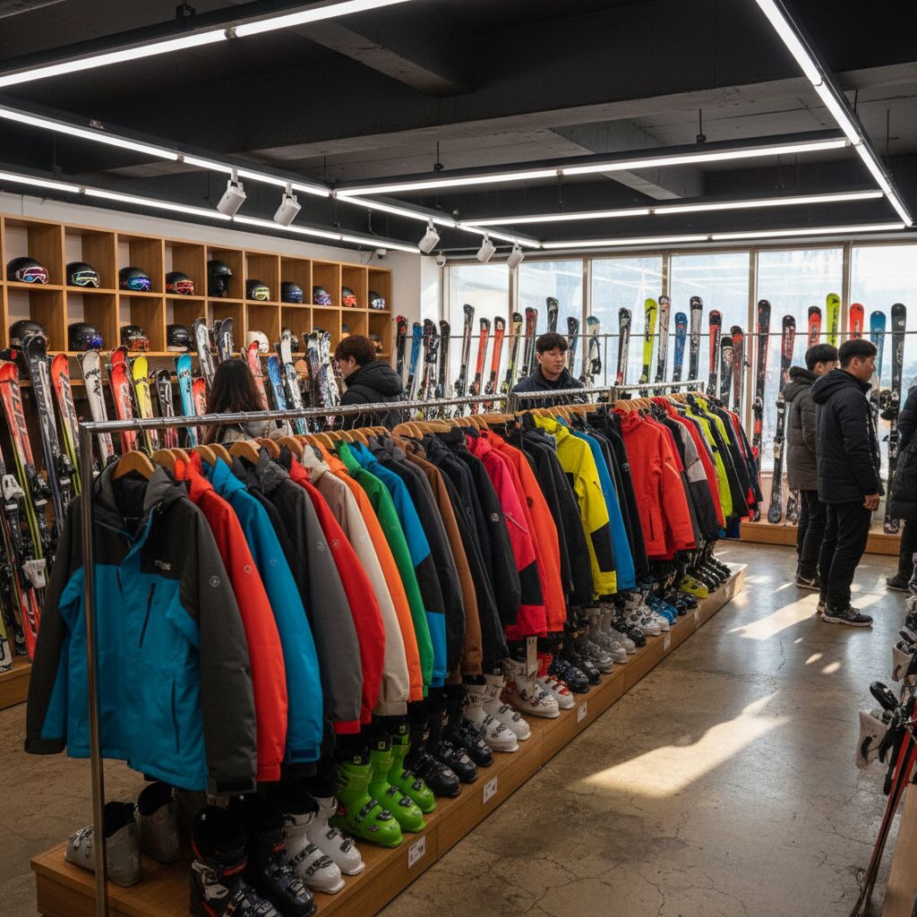 무주스키장 렌탈샵 내부의 깔끔하게 정리된 스키의류와 장비