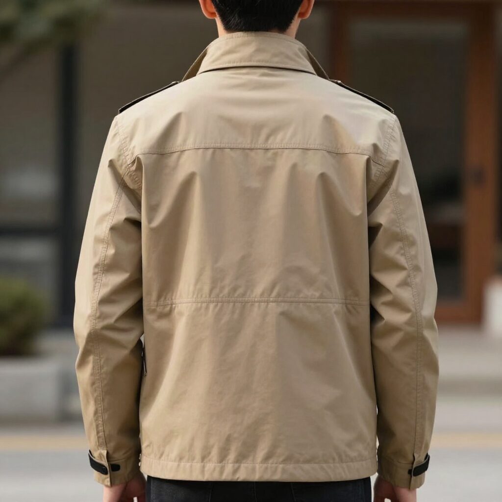 무신사 스탠다드 왁스드 헌팅 자켓을 입은 남성의 뒷모습. 카키색 자켓이 클래식한 느낌을 준다.