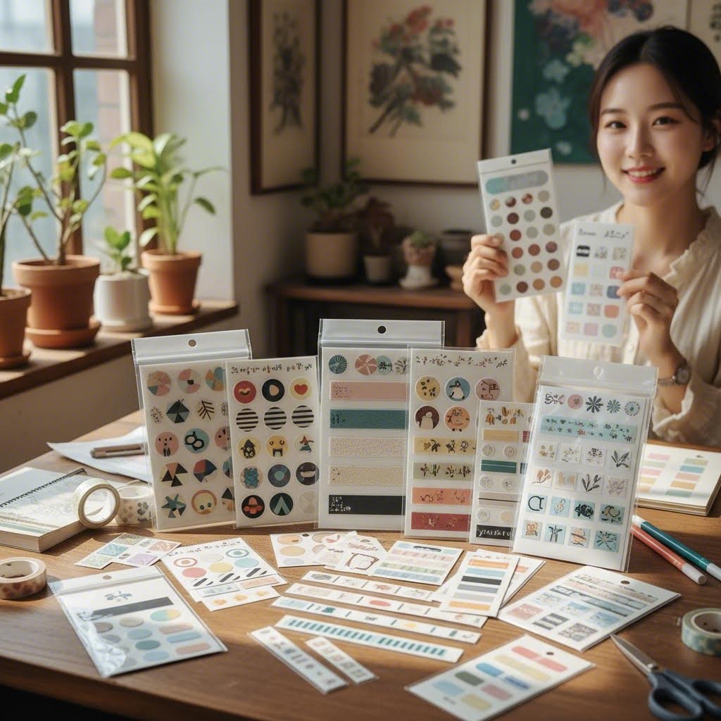 투명 바탕의 다양한 크기 네임스티커 세트가 테이블 위에 놓여 있다