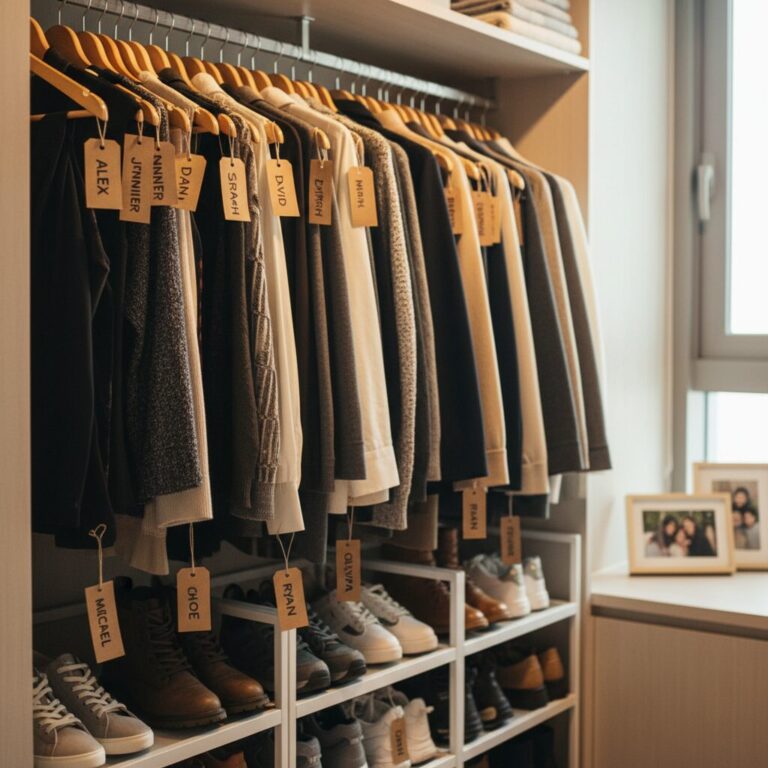 옷걸이와 신발장에 체계적으로 부착된 다양한 이름표들