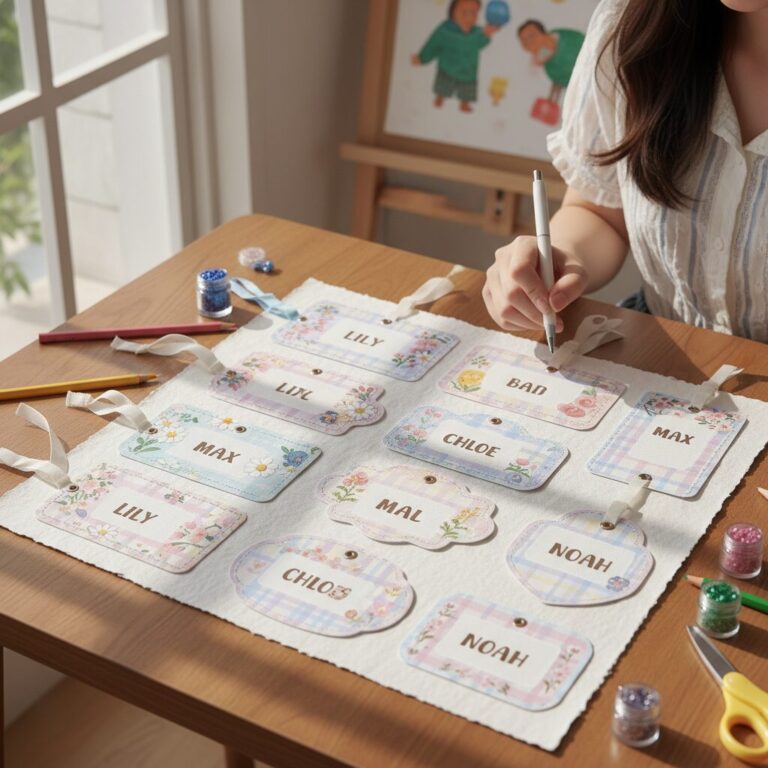 유치원 활동 모음집을 위한 예쁜 이름표 도안 예시 화이트톤 바탕에 체크와 꽃무늬가 그려져 있음