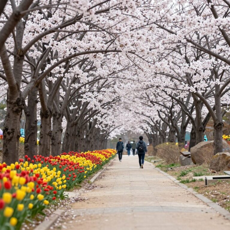 노리매공원의 매화와 수선화가 피어난 산책로 길