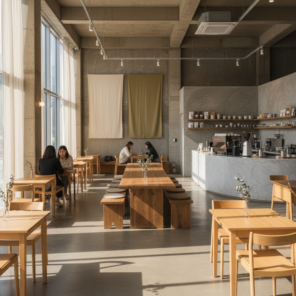 노사이드 카페 내부의 차분하고 넓은 인테리어